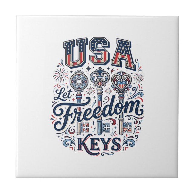 Patriotic USA Let Freedom Keys Vector Shirt Design Ceramic Tile (Front)