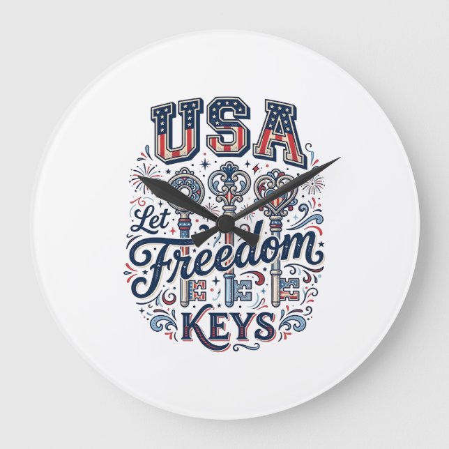 Patriotic USA Let Freedom Keys Vector Shirt Design Large Clock (Front)