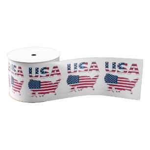 Patriotic USA Lettering and American Flag Over Map Grosgrain Ribbon
