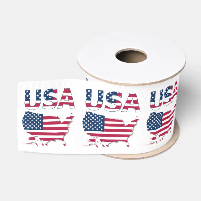 Patriotic USA Lettering and American Flag Over Map Grosgrain Ribbon ...
