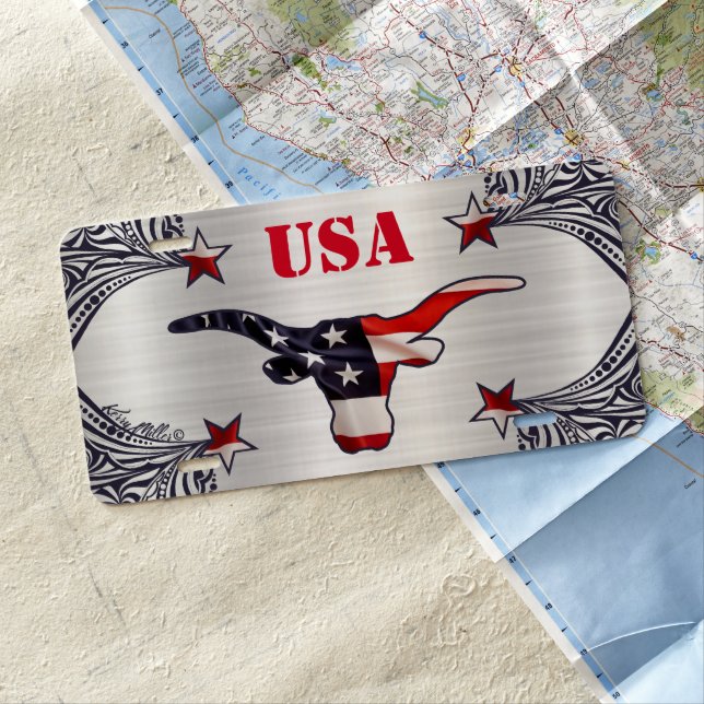 Patriotic USA - LONGHORN STEER License Plate (In Situ)
