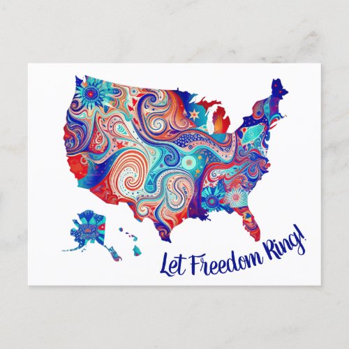 Patriotic USA Map Retro Groovy 4th of July Design Postcard