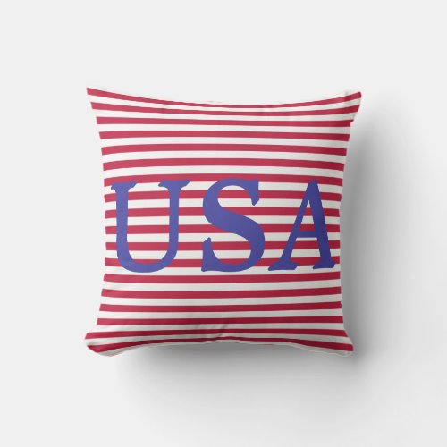 Patriotic USA on Red and White Stripes Outdoor Pillow