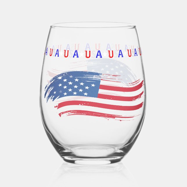 Patriotic USA Painted Flag stroke Stemless Wine Glass (Front)