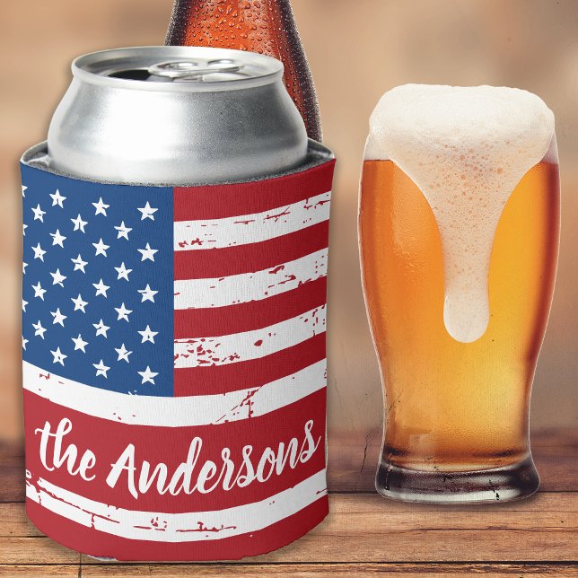 Patriotic USA Personalized Name American Flag Can Cooler (Creator Uploaded)