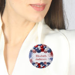 Patriotic USA red white blue flag name tag Button<br><div class="desc">White background. Decorated with patriotic colored  balloons in red blue and white. Blue and red sparkles. Personalize and add a name.</div>