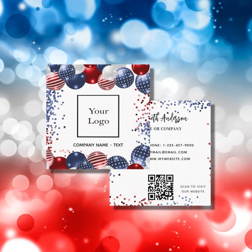 Patriotic USA red white blue logo QR code Square Business Card