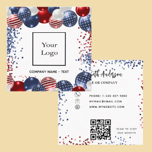 Patriotic USA red white blue logo QR code Square Business Card