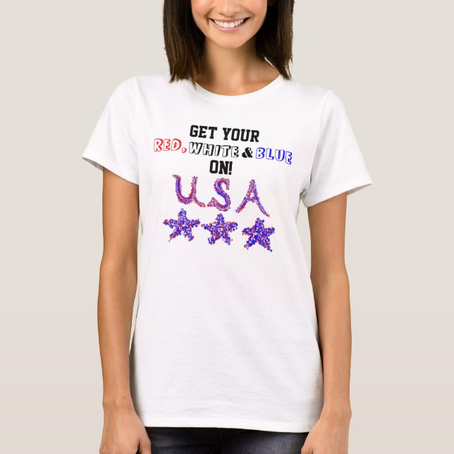 Patriotic USA Red White Blue Stars T-Shirt (Front)