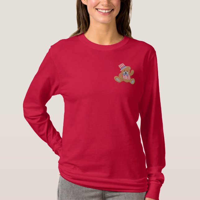 Patriotic USA Teddy Bear Embroidered Long Sleeve T-Shirt (Front)