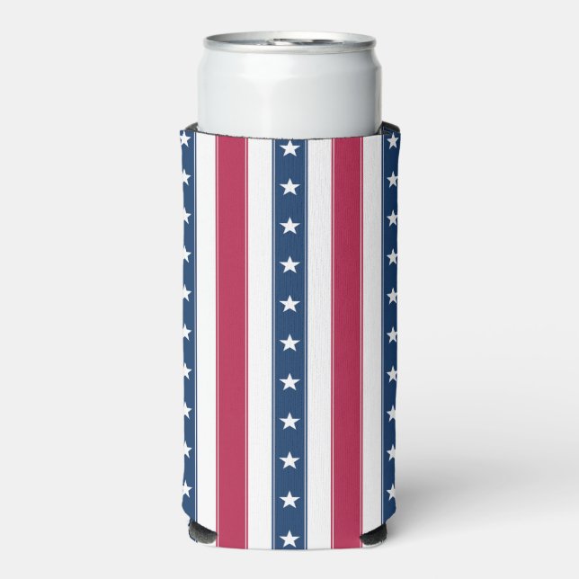 Patriotic Vertical Stripes with Stars Seltzer Can Cooler (Seltzer Front)
