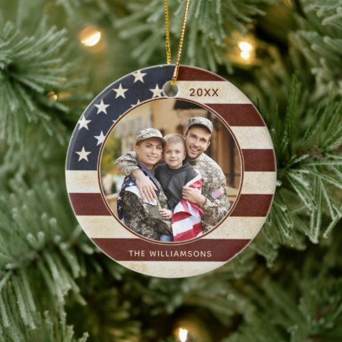 Patriotic Vintage American Flag Photo Name Ceramic Ornament