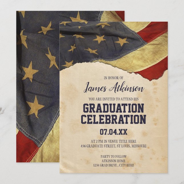 Patriotic Vintage Flag Graduation Party Invitation (Front/Back)