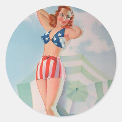 Patriotic  Vintage pin up girl art Classic Round Sticker