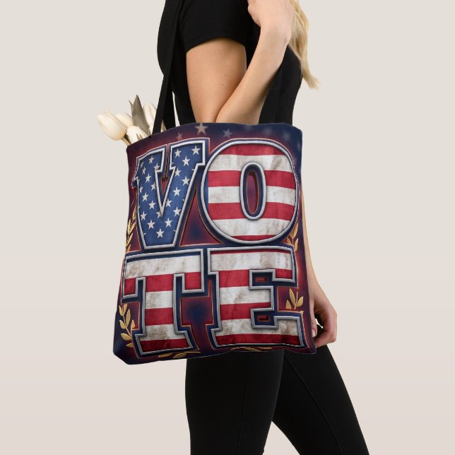 Patriotic VOTE American Flag Typography Design Tote Bag (Close Up)