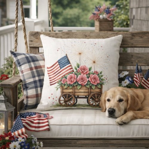 Patriotic Wagon With Roses and Fireworks Americana Outdoor Pillow