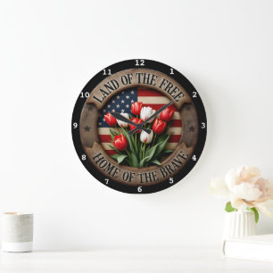 Patriotic Wall Clock with Tulip Flowers