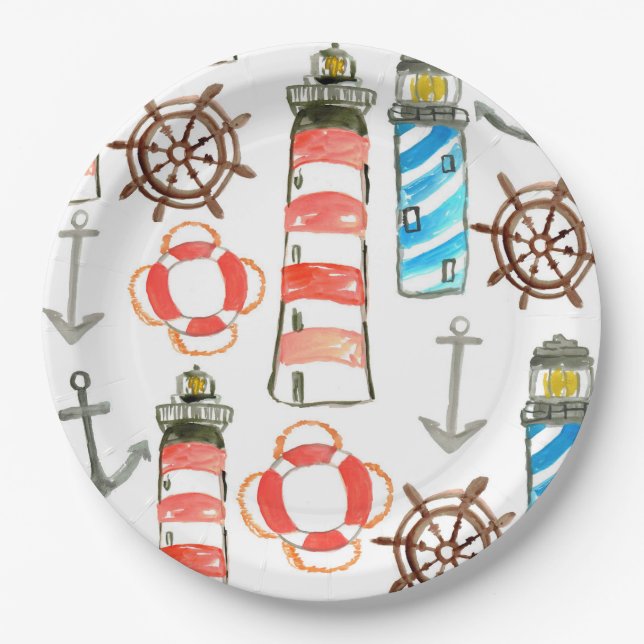 Patriotic watercolor lighthouse paper plates (Front)