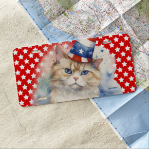 PATRIOTIC WATERCOLOR ORANGE TABBY CAT LICENSE PLATE