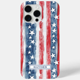 Patriotic Watercolor Stars and Stripes Monogrammed iPhone 15 Pro Max Case