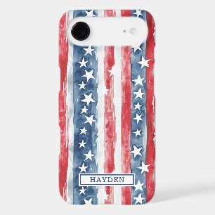 Patriotic Watercolor Stars and Stripes Monogrammed iPhone 17 Air Case
