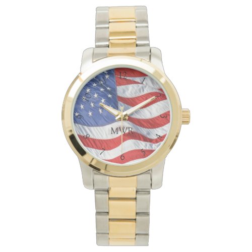 Patriotic Waving American Flag Monogrammed Gift Watch