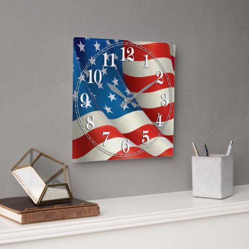 Patriotic Waving US Flag Square Wall Clock