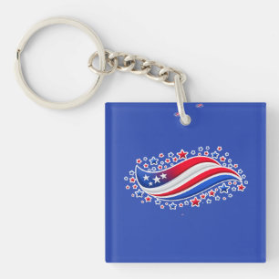 Patriotic Wavy American Flag with Stars Red Whit Keychain