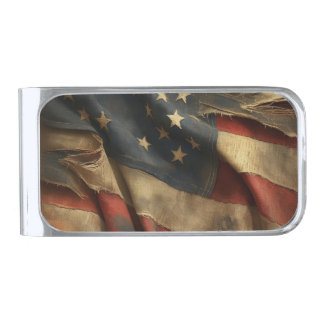 Patriotic, Weathered American Flag Silver Finish Money Clip