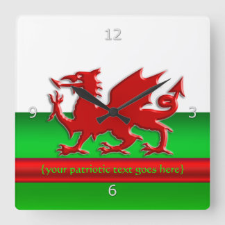 Patriotic Welsh Flag, embossed dragon chrome-look Square Wall Clock
