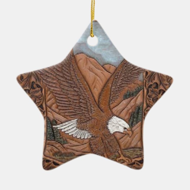 Patriotic Western country tooled leather Eagle Ceramic Ornament (Front)