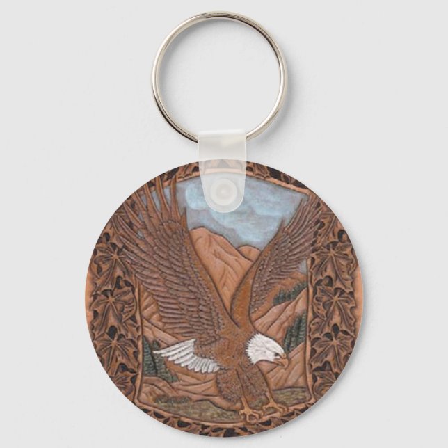 Patriotic Western country tooled leather Eagle Keychain (Front)