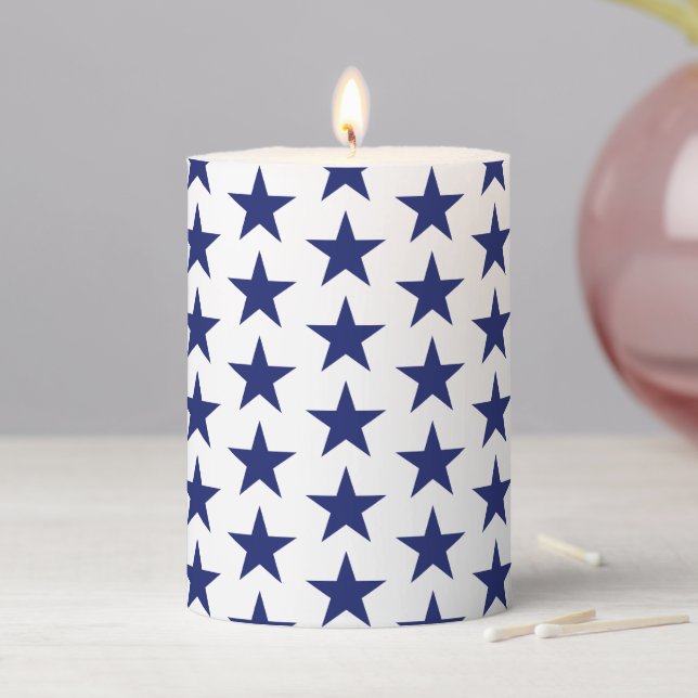 Patriotic white & navy blue stars pattern holiday pillar candle (In Situ)