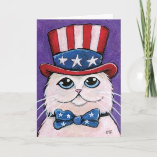 Patriotic White Persian Cat  Happy 4th of July Card