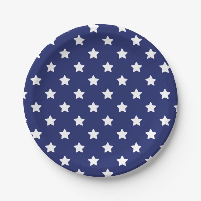 Patriotic White Stars on Navy Blue Paper Plates (Front)