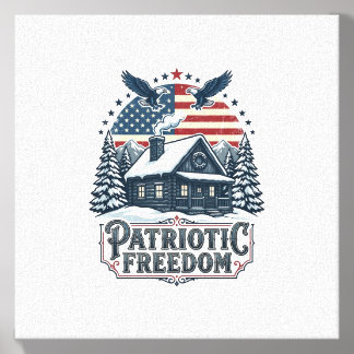 Patriotic Winter Cabin Vector Graphic Tee Canvas Photo Tile