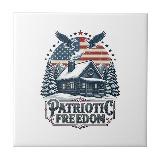 Patriotic Winter Cabin Vector Graphic Tee Ceramic Tile (Front)