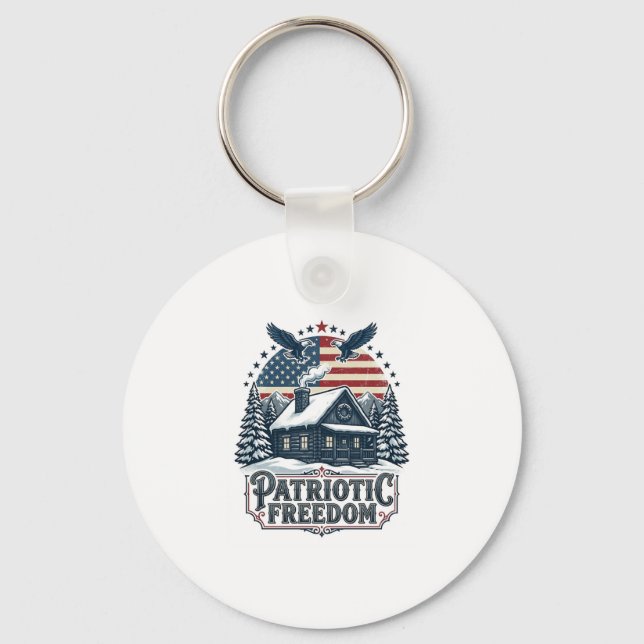 Patriotic Winter Cabin Vector Graphic Tee Keychain (Front)