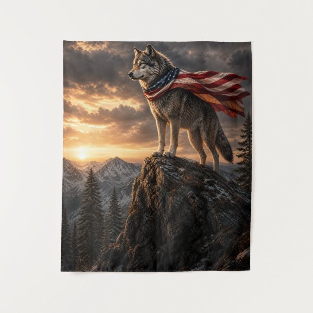 Patriotic Wolf American Flag Cape Mountain Sunset Tapestry (Front)