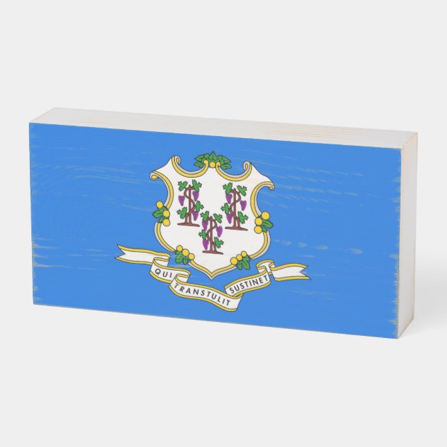 Patriotic Wood Box Sign with Flag of Connecticut (Angled Horizontal)