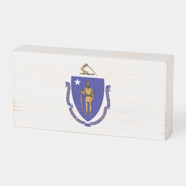 Patriotic Wood Box Sign with Flag of Massachusetts (Angled Horizontal)
