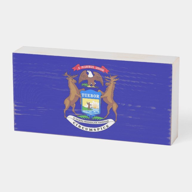 Patriotic Wood Box Sign with Flag of Michigan (Angled Horizontal)