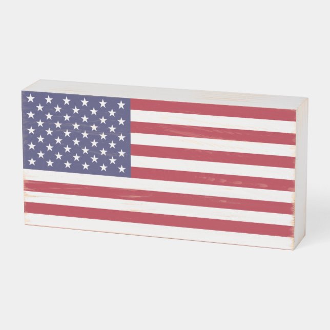 Patriotic Wood Box Sign with Flag of USA (Angled Horizontal)