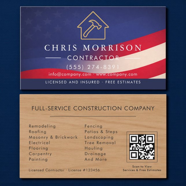 Patriotic Wood Building Construction QR Code Business Card (Creator Uploaded)