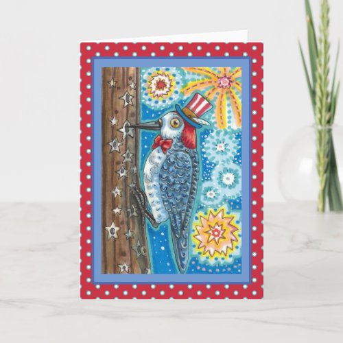 PATRIOTIC WOODPECKER FIREWORKS 4TH OF JULY Verse Holiday Card