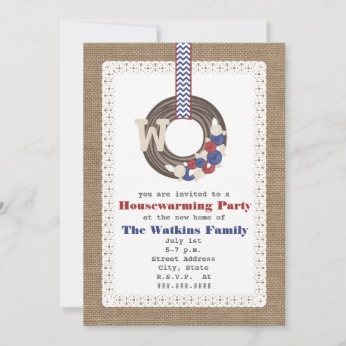 Patriotic Wreath Burlap Inspired Housewarming Invitation