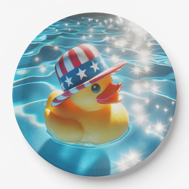 Patriotic Yellow Rubber Duck In Pool Paper Plates (Front)