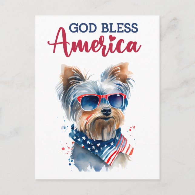 Patriotic Yorkie, God Bless America Postcard (Front)