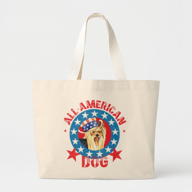Patriotic Yorkie Large Tote Bag (Front)