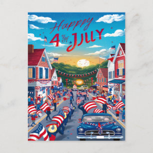 Patriotism in Motion: American Flags Adorning Stre Holiday Postcard